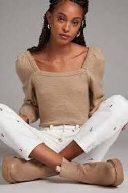 Anthropologie Square Neck Puff Balloon Sleeve Knit Sweater in Dark Beige